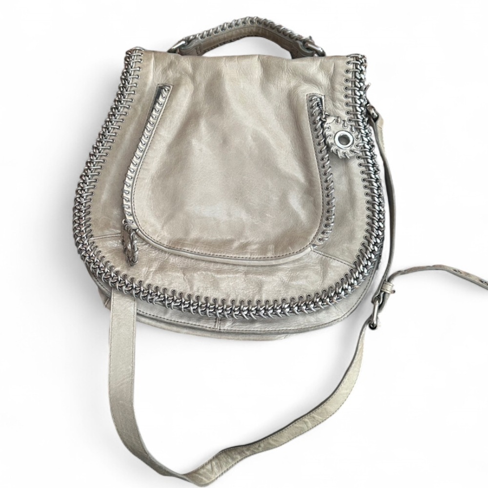 Rebecca Minkoff Taupe Leather Chain-Trim Crossbody Saddle Bag